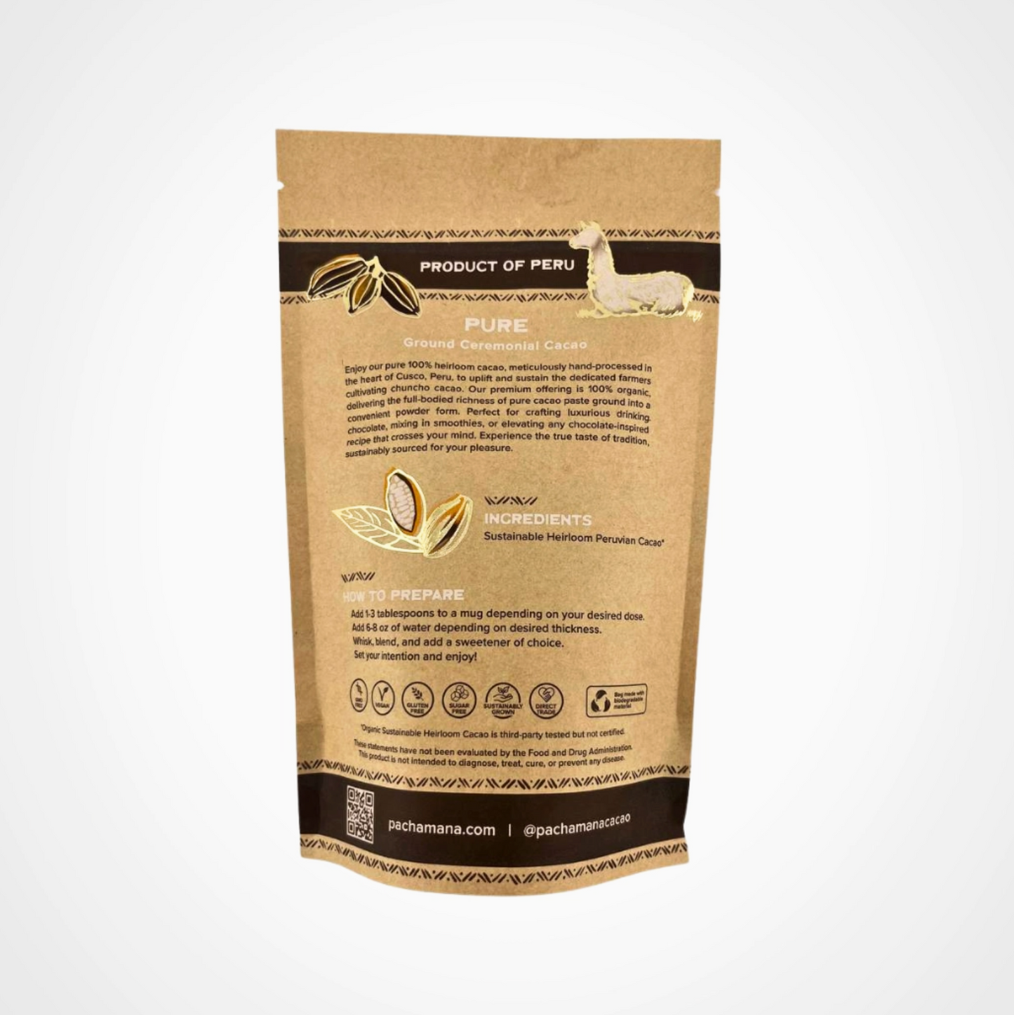 Pacha Mana Pure Ground (Powdered) Ceremonial Cacao 8 oz & 16 oz